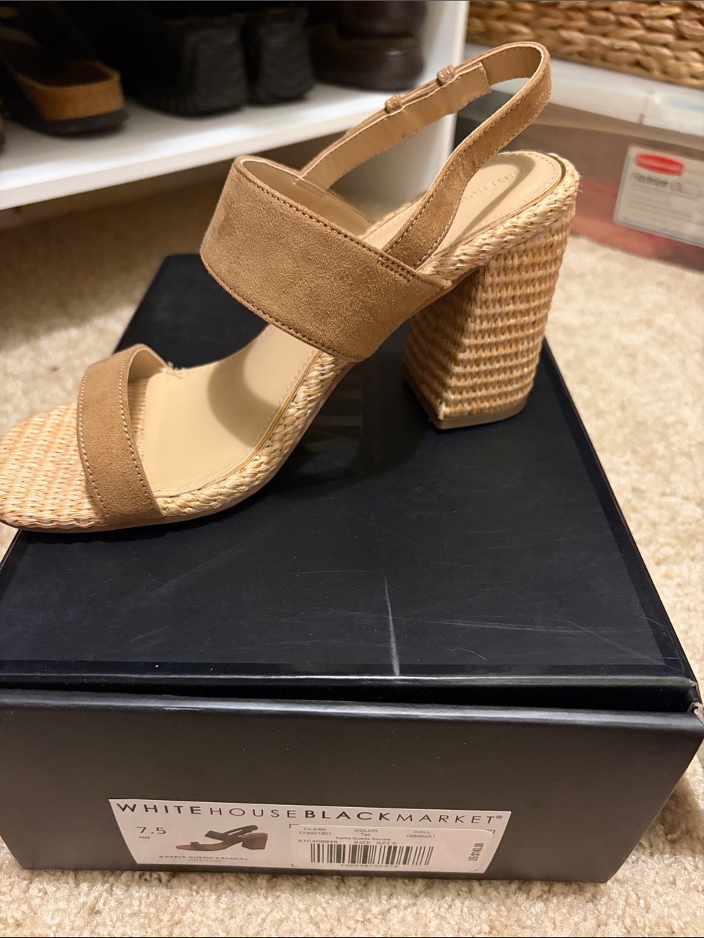 White House Black Market Tan Suede Slingback Woven Block Heel Sandals